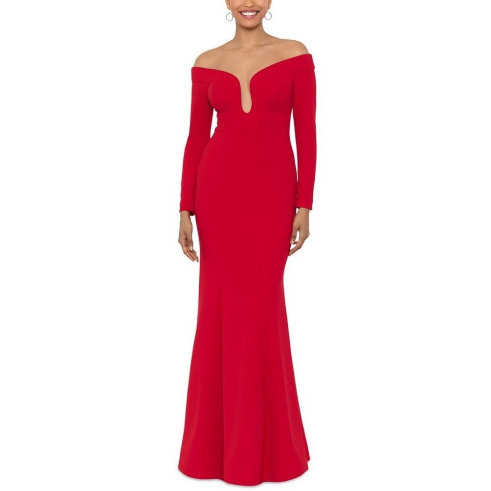 Xscaps Off The Shoulder Illusion Evening Dress Gown Long Sleeve Red Size 8 NWT